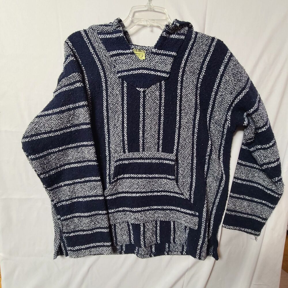 Franks Textiles BAJA HOODIE Pullover - Blue Stripe Hippie Surfer Vintage -Size M